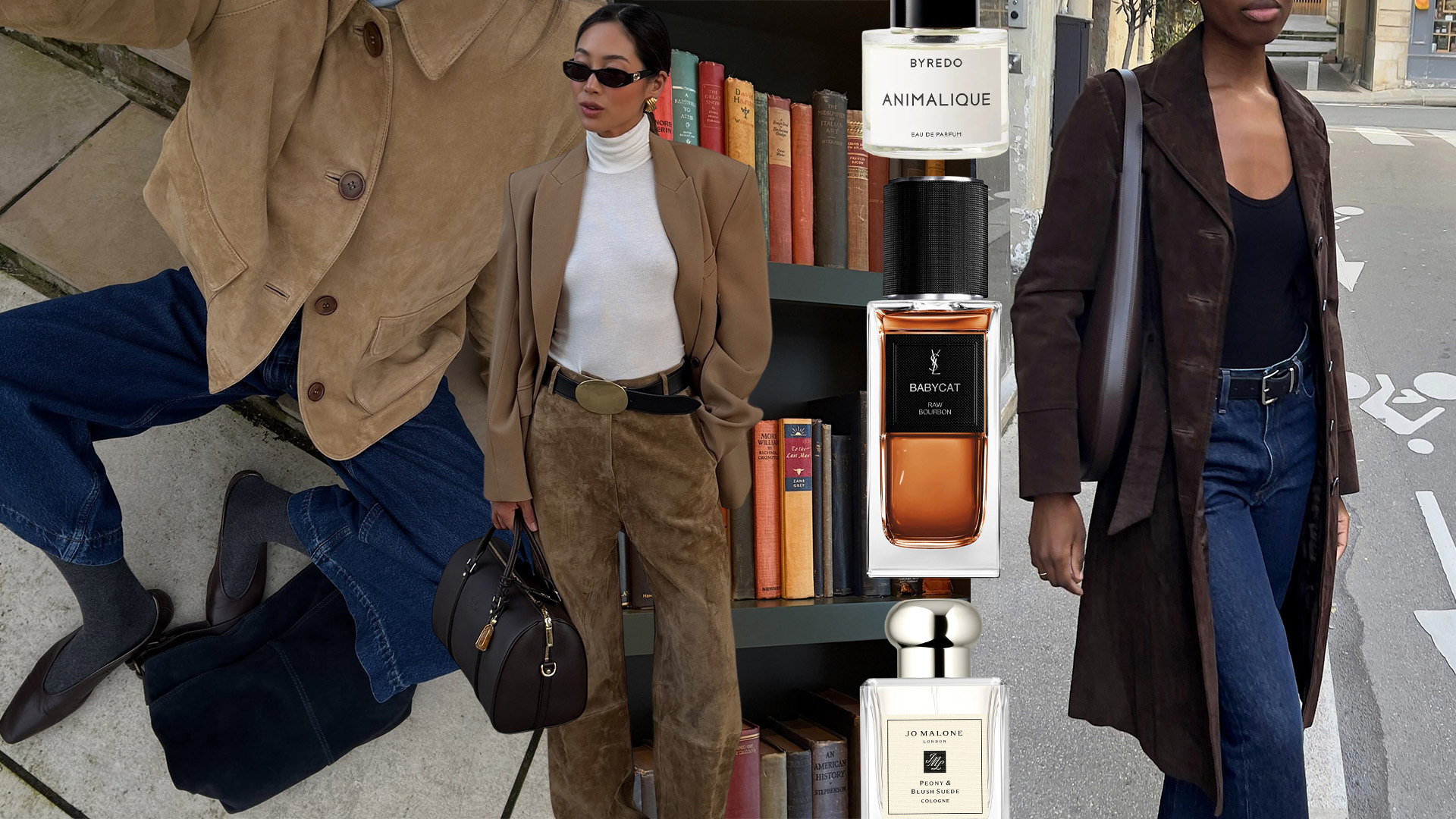A collage of women in suede clothing overlapped by perfumes with suede accords.