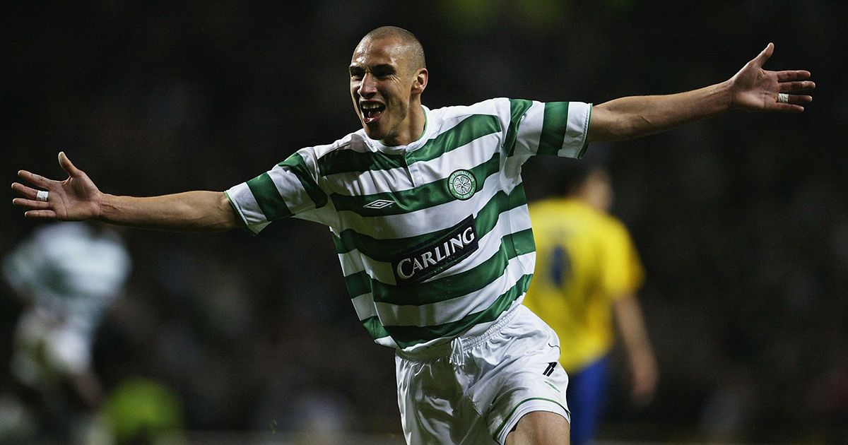 Henrik Larsson of Celtic celebrates scoring the first goal for Celtic during the UEFA Cup Quarter Final match between Celtic and Villarreal at Celtic Park on April 8, 2004 in Glasgow, Scotland.