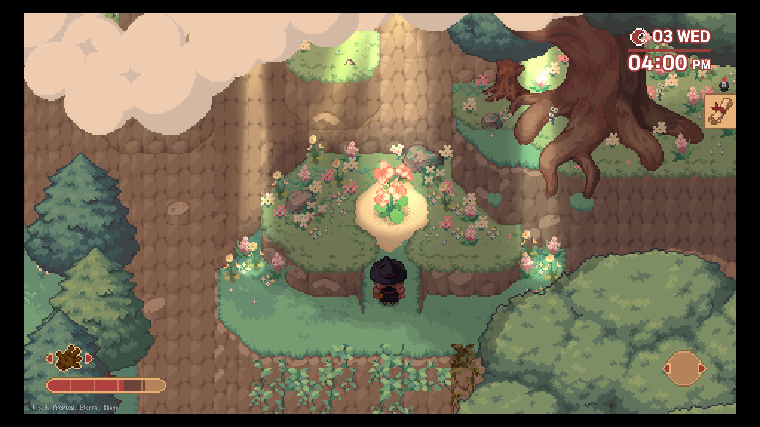 Captura de tela do jogo Little Witch in the Woods.  Uma bruxa sprite de pixel fica na frente de uma flor de pixel art no lado de uma montanha.