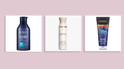 Selection of the best blue shampoos for brown hair from Redken, Virtue and John Frieda