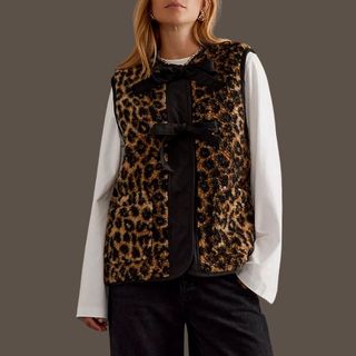 Damson Madder Leopard Print Borg Gilet on model