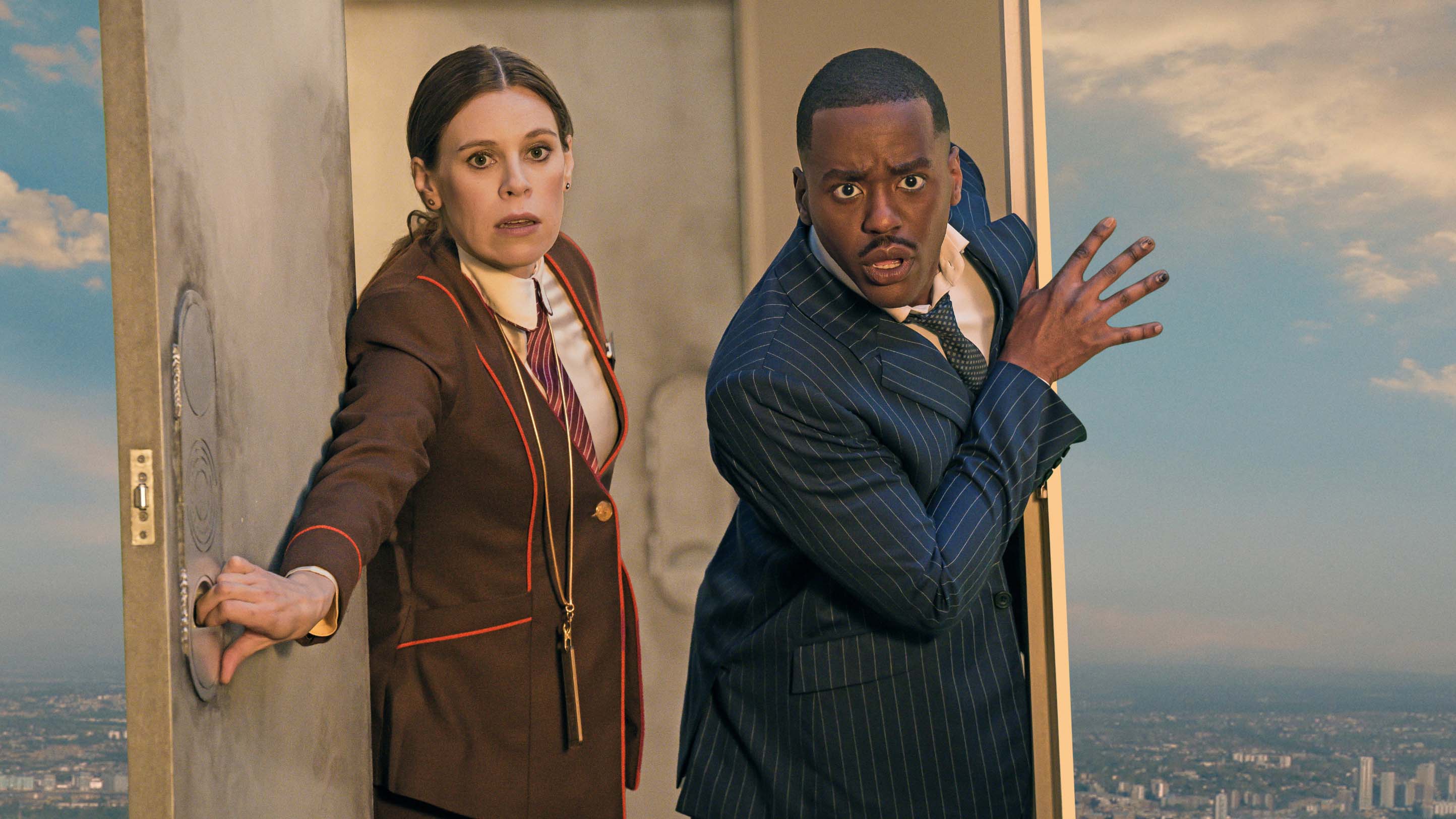 Steph de Whalley as Anita and Ncuti Gatwa as the Doctor in Doctor Who: The Reality War.