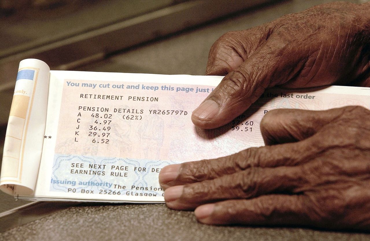 An OAP&amp;#039;s hands holding a pension book 