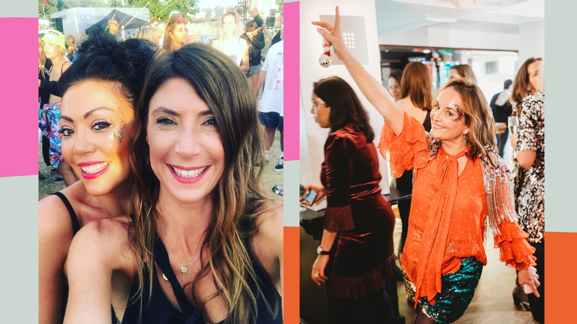 Charlotte with friend smiling at a festival and Alex dancing smiling at her club night