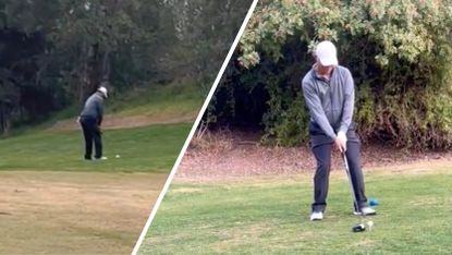 A split-screen image of a man playing golf left-handed (left) and right-handed (right)