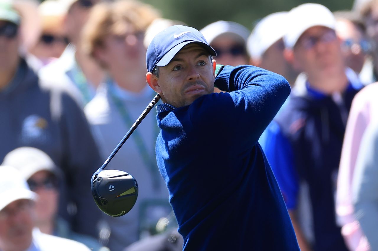 Rory McIlroy tees off on the 8th hole during the first round of the 2026 Masters Tournament at Augusta National Golf Club