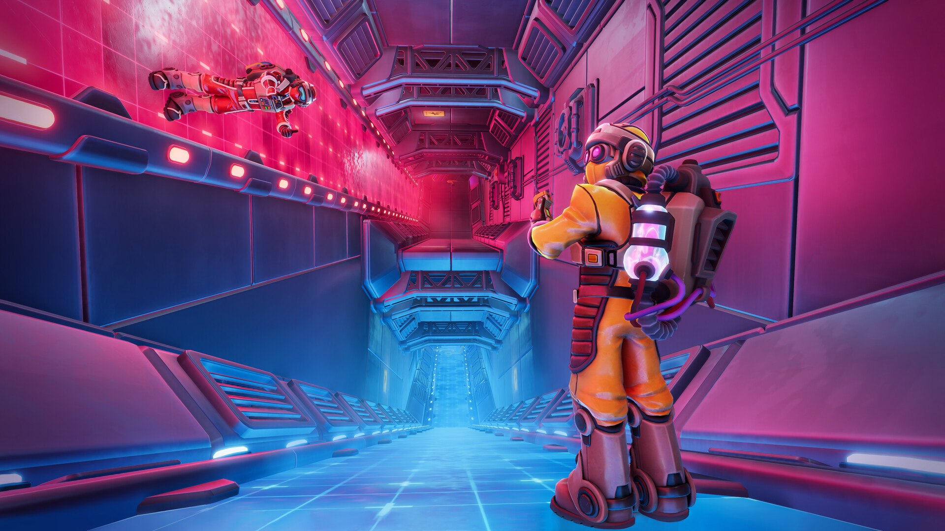 Two players in a neon-lit corridor in We Were Here Tomorrow