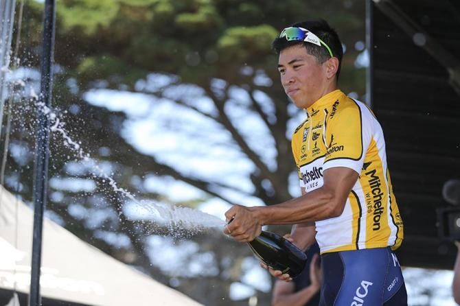 Caleb Ewan (Orica GreenEdge) on the podium at the Bay Crits