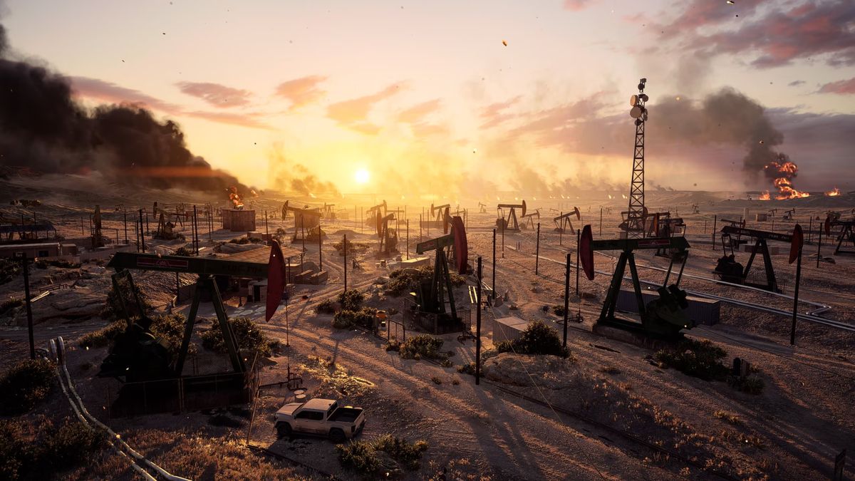 Battlefield 6: An official image of the Blackwell Fields map, showing a vast oil field at sunset.