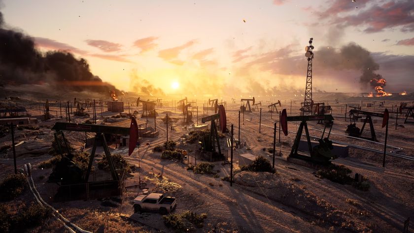 Battlefield 6: An official image of the Blackwell Fields map, showing a vast oil field at sunset.