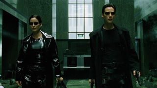 Neo and Trinity in leather, in the Matrix
