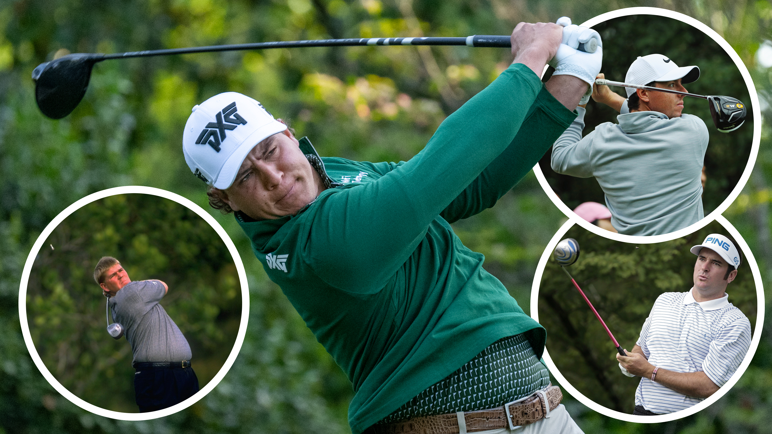 Aldrich Potgieter through impact with driver as he hits a tee shot on the PGA Tour, with inset images of the three other longest drivers of the golf ball in 1996, 2006 and 2016