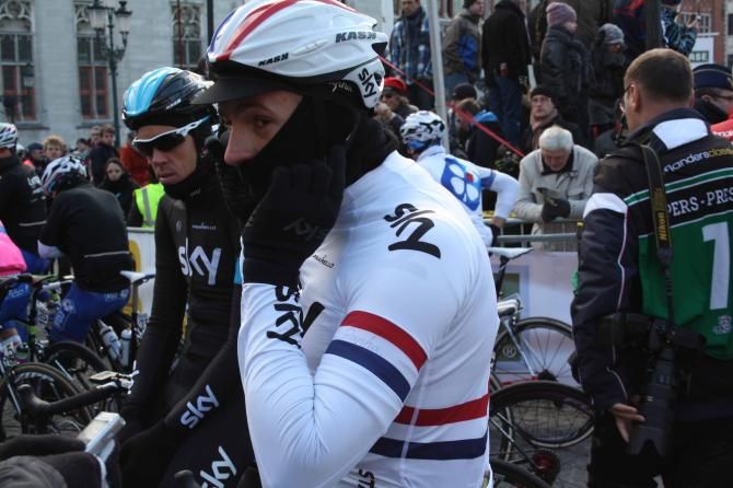 Ian Stannard (Sky) was wrapped up against the elements.
