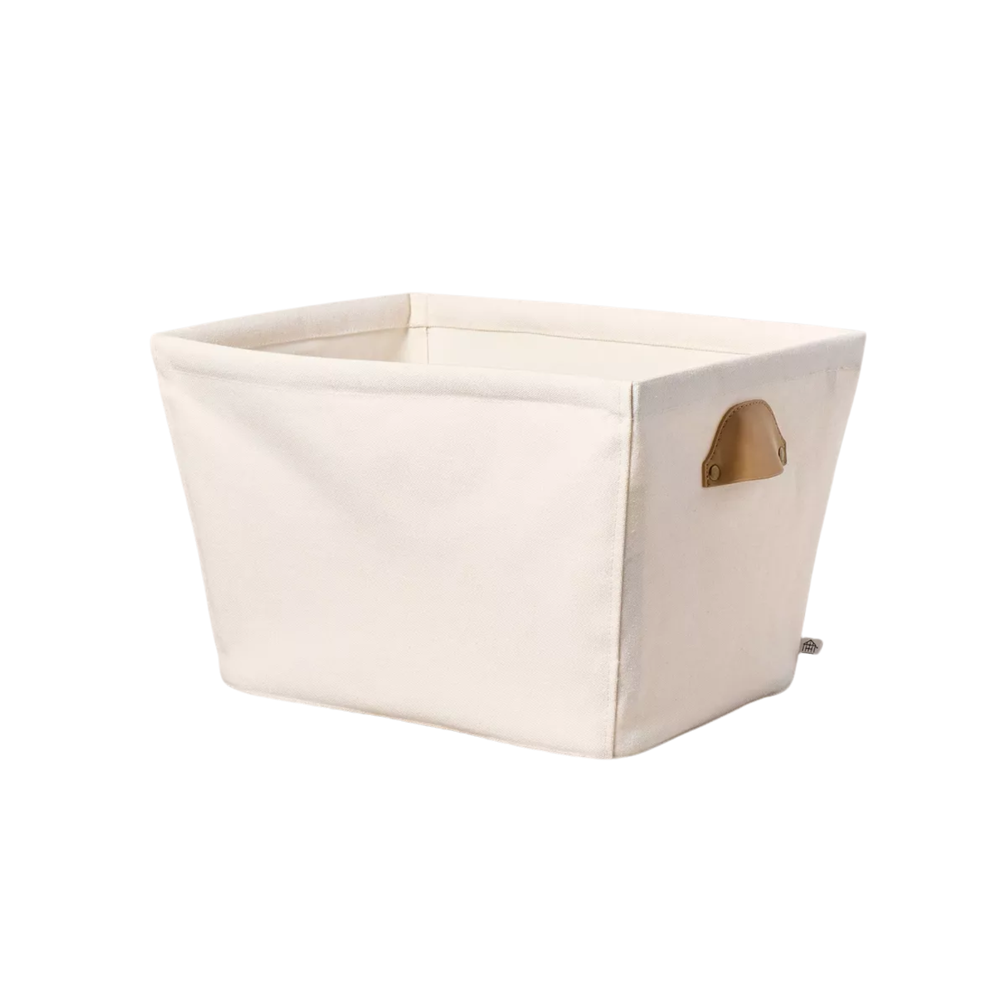a canvas storage bin with a leather handle
