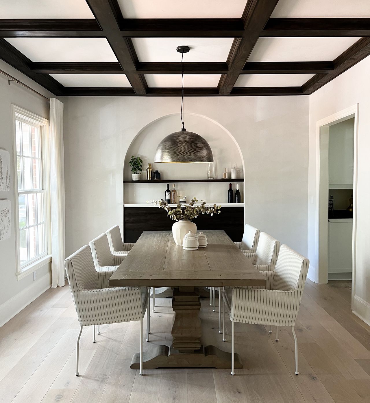 a diy coffered ceiling in a dining room