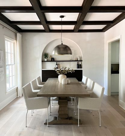 a diy coffered ceiling in a dining room 