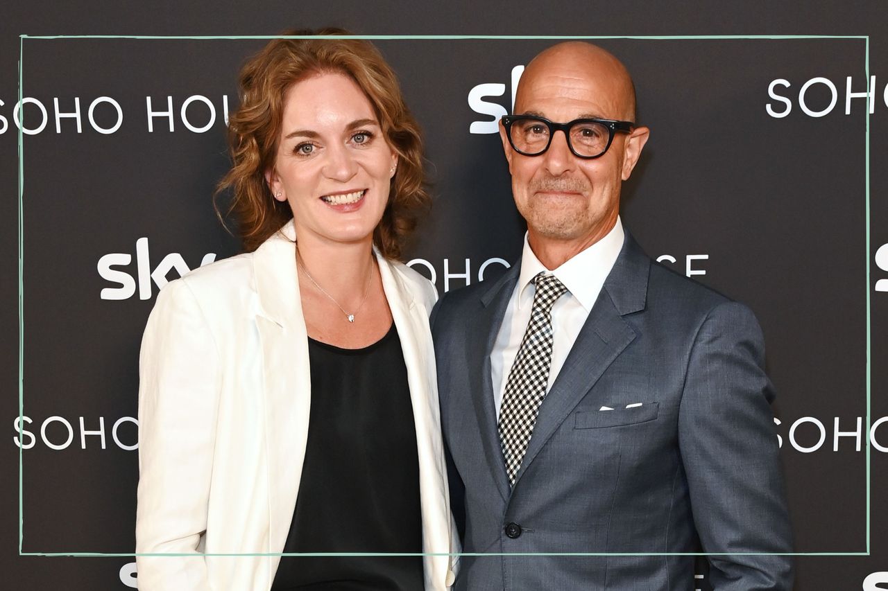 Stanley Tucci poses with his wife Felicity Blunt on the red carpet