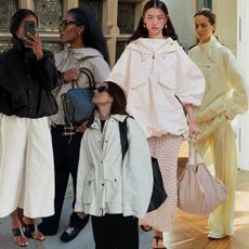 Collage of different women wearing windbreakers in street style and runway imagery.