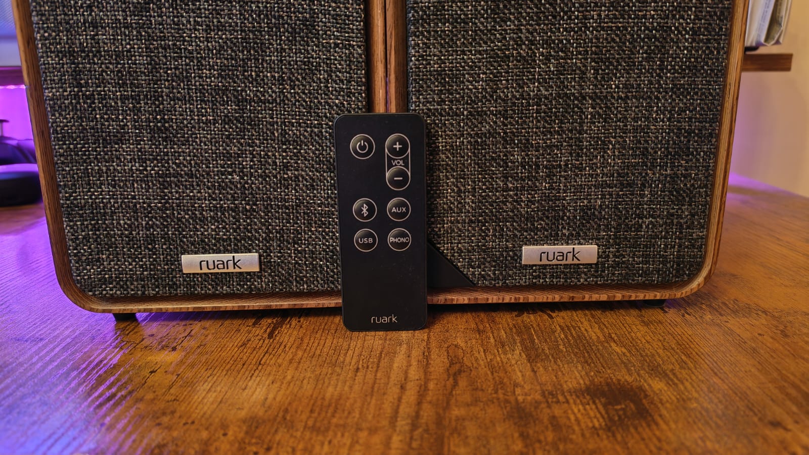 The remote and fabric grille on the Ruark MR1 MK3 Speakers