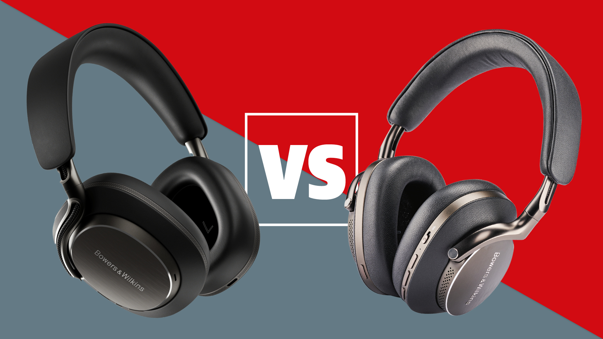 A pair of Bowers &amp;amp; Wilkins Px8 and Px8 S2 headphones on a red and grey background with a white versus sign between them.