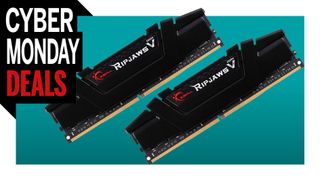 Two black G.Skill Ripjaw V RAM sticks with a "Cyber Monday deals" banner