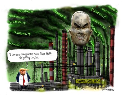 Political cartoon U.S. Scott Pruitt EPA resignation corruption greed Trump administration