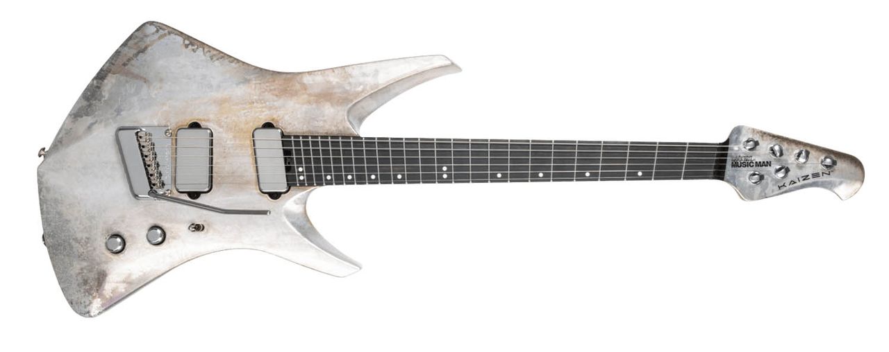 The Ernie Ball Music Man Kaizen Gallium has a custom aged metallic finish, making Tosin Abasi's signature electric guitar look like an alien artefact