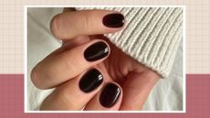 A hand with Black Cherry nails - by gel.bymegan, in front of a white linen background in a cream and burgundy template