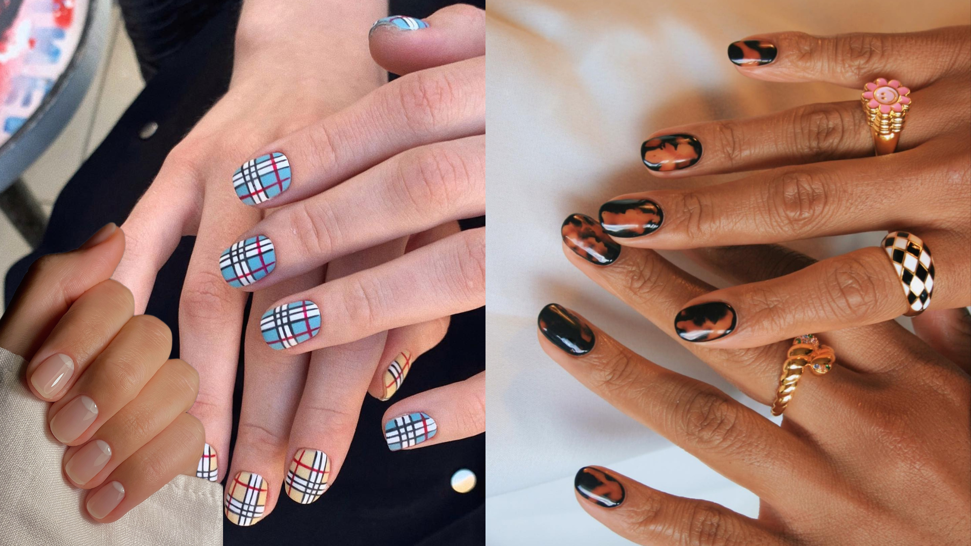 Collage of trending short nail designs.