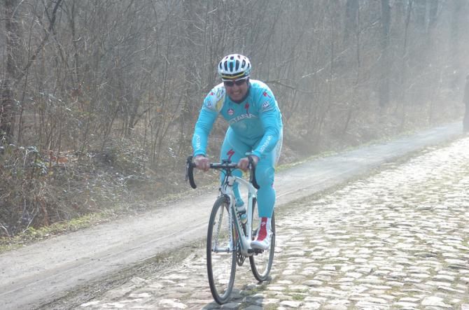 Federico Borselli (Astana) grits his teeth during Paris-Roubaix reconnaissance
