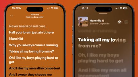 Two smartphones showing lyrics in Spotify and Apple Music 