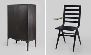 Left, storage system. Right, slatted chair with one armrest featuring a carved cup holder