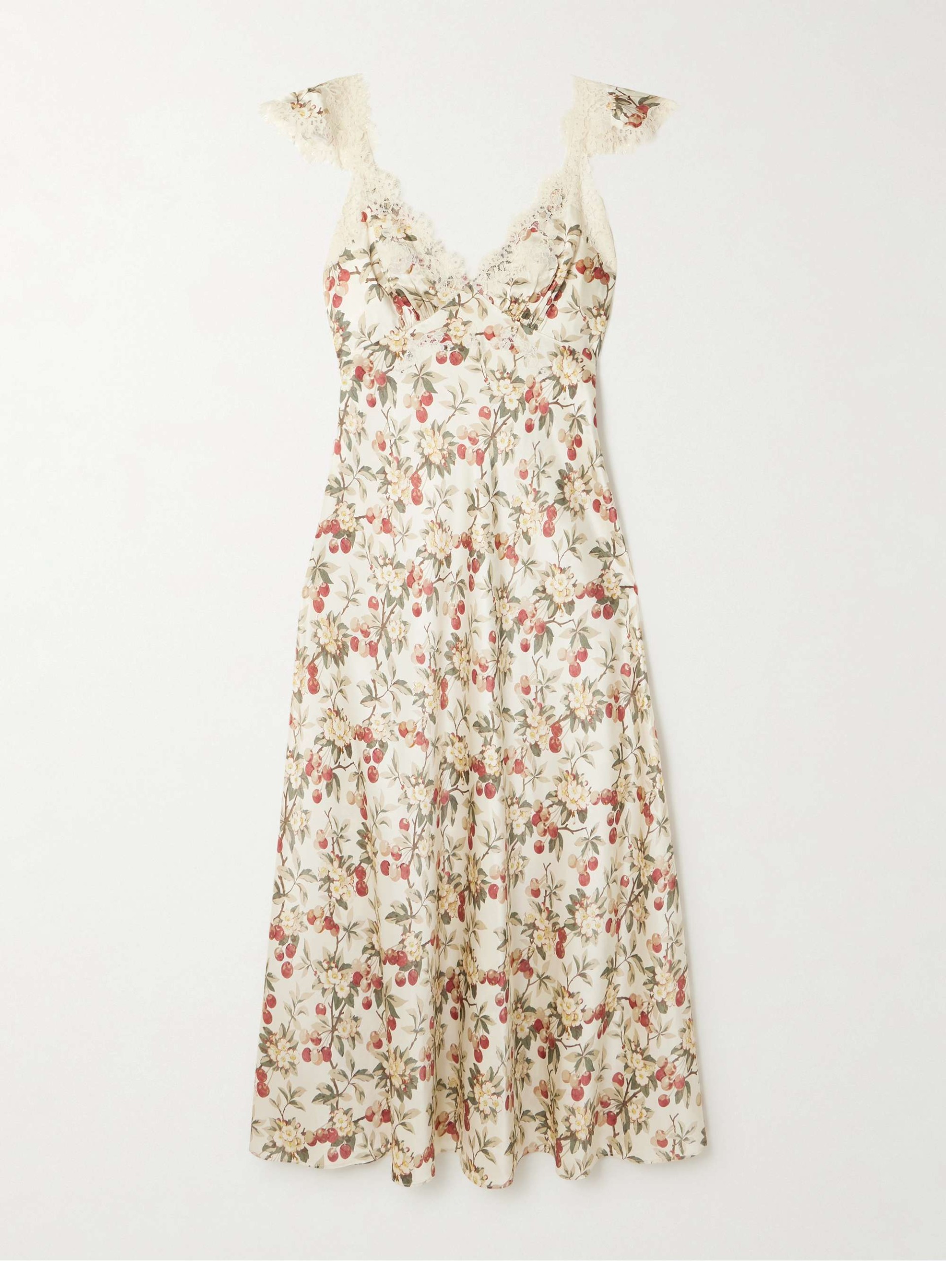 Fiona Lace-Trimmed Floral-Print Silk-Satin Midi Dress