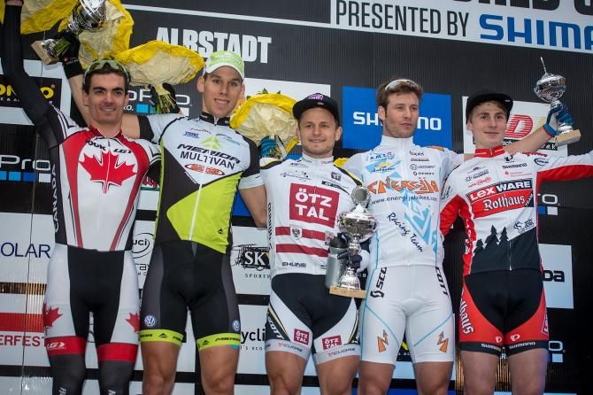 Elite men's eliminator World Cup podium in Albstadt: Raphael Gagne, Thomas Litscher, Daniel Federspiel, Miha Halzer and Christian Pfaeffle
