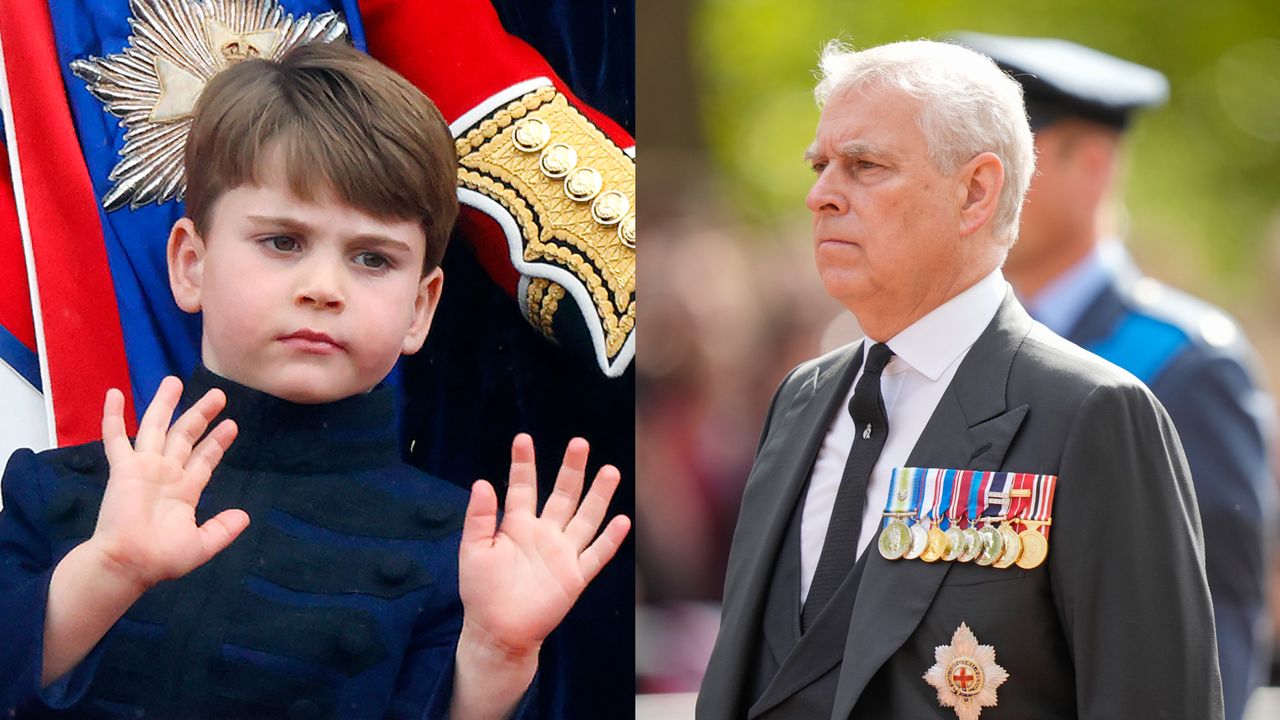 Prince Louis waving at King Charles&#039;s coronation next to a photo of Prince Andrew wearing military medals on his suit