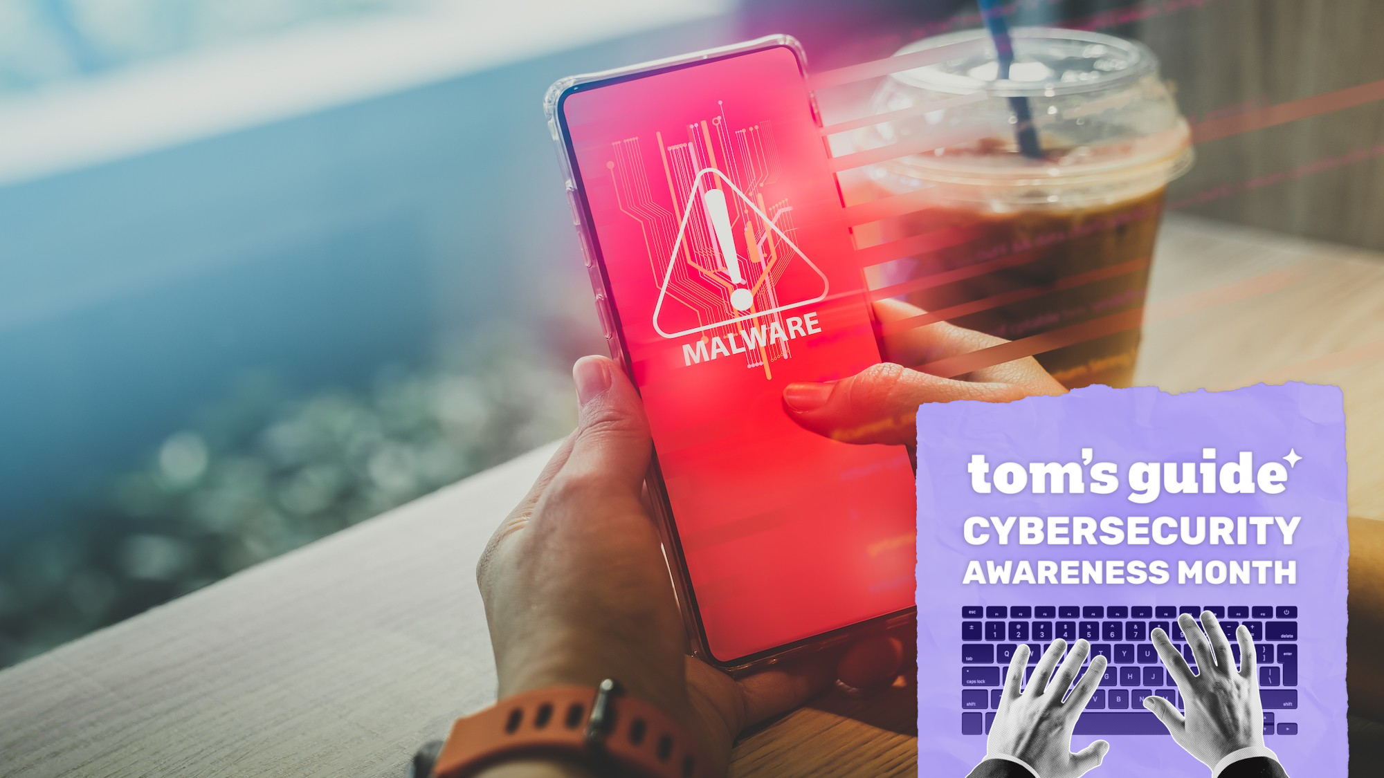 A person holding a phone with a malware warning with a Tom's Guide Cybersecurity Awareness Month badge