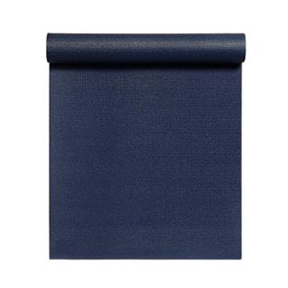 A dark blue yoga mat partially rolled out. 