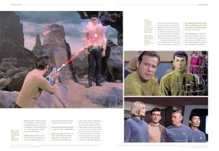 another set of imagery of four pages from an upcoming book, which features text and photos from old "star trek" movies and tv shows.