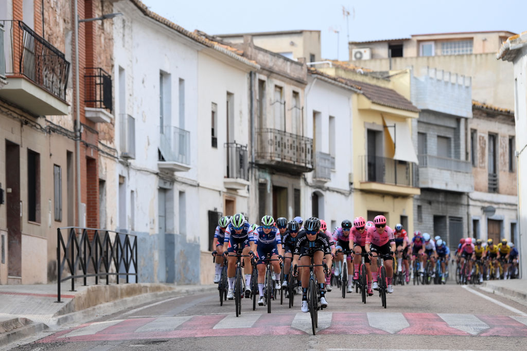 SAGUNT SPAIN FEBRUARY 16 Becky Storrie of The United Kingdom and Team DSM leads the peloton during the 7th Setmana Ciclista Volta Comunitat Valenciana Femines 2023 Stage 1 a 119km stage from Valencia to Sagunt on February 16 2023 in Sagunt Spain Photo by Alex BroadwayGetty Images