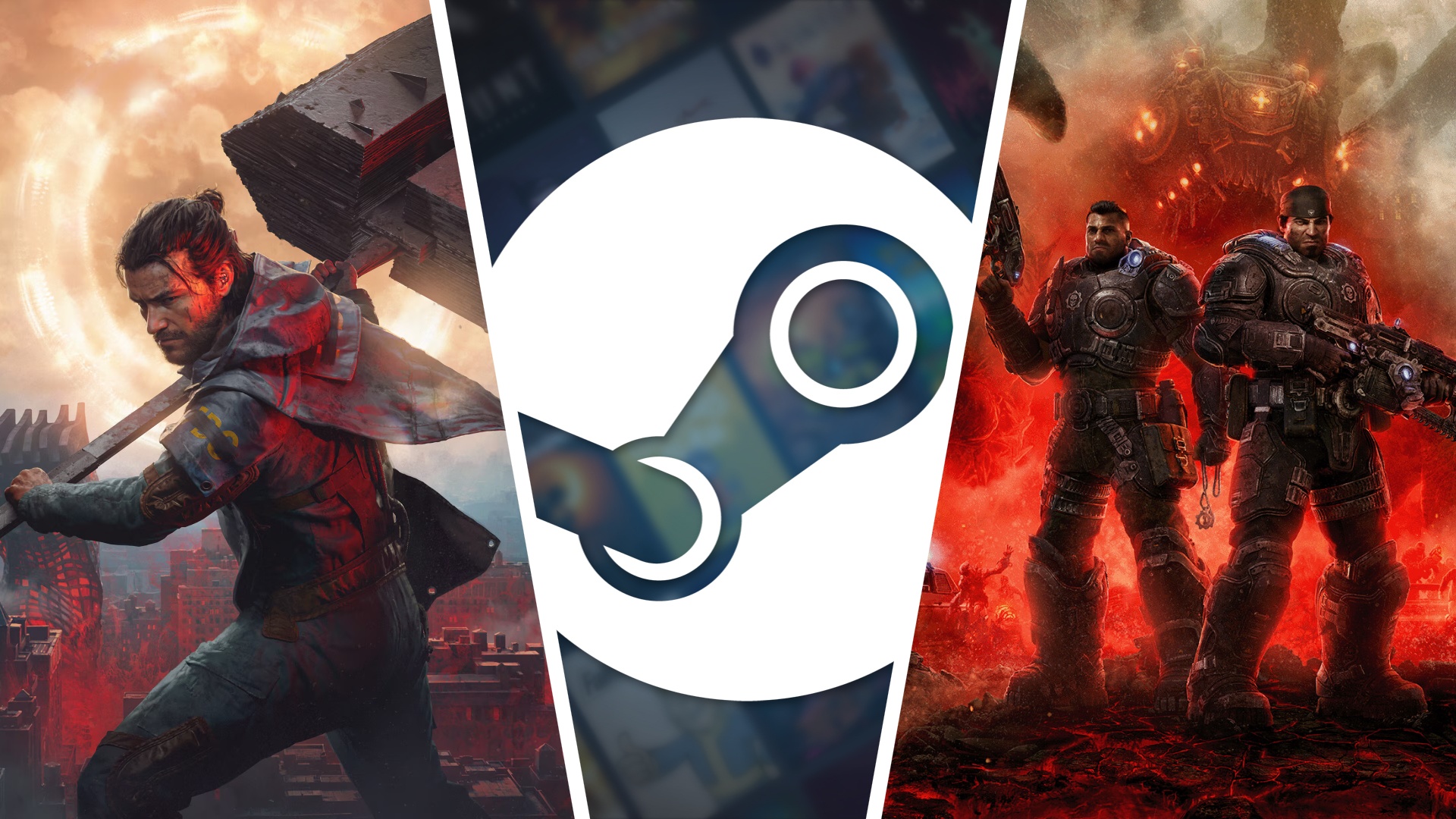 Game art of Control Resonant, Steam's logo, and Gears of War E-Day