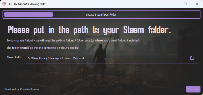 The Fallout 4 Downgrader asking for a Fallout 4 Steam install path.