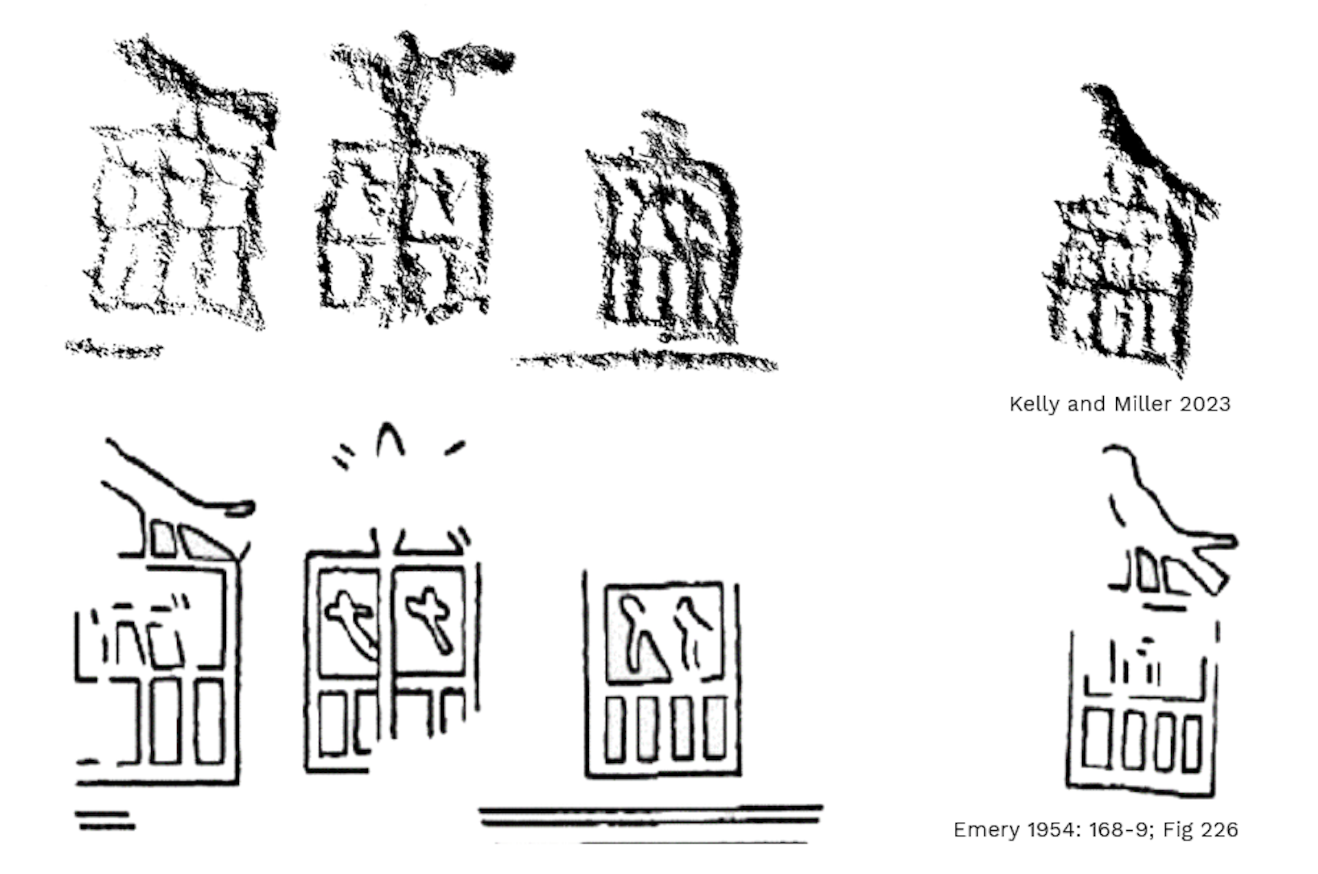 Two lines of sketches. The first line shows rubbings and the second drawings of ancient Egyptian symbols.