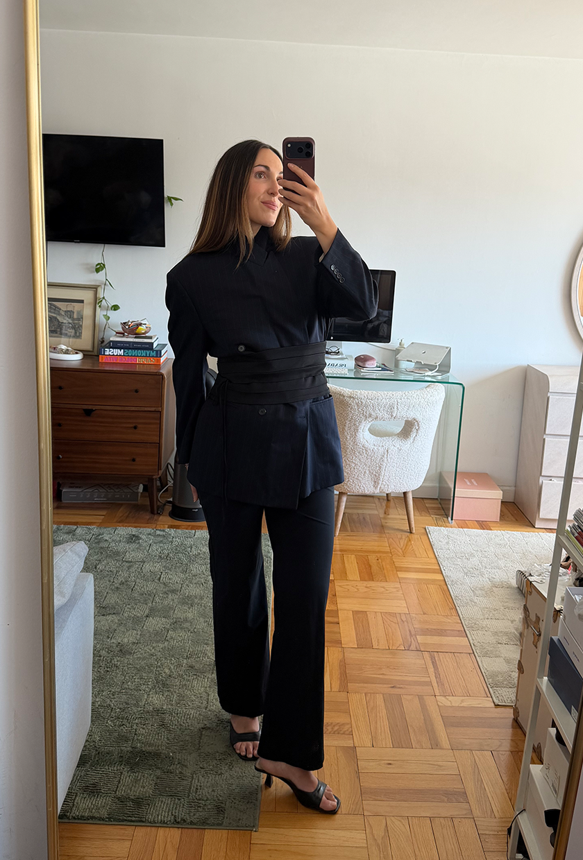 an outfit photo of senior fashion editor Anna LaPlaca wearing the cummerbund trend for fall 2026