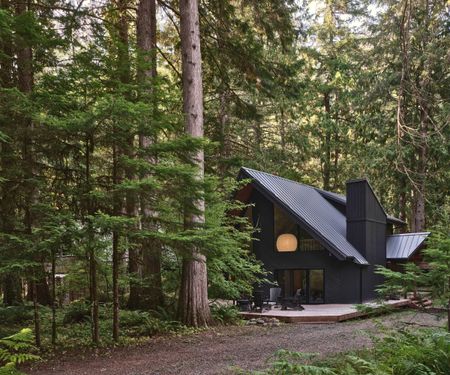 cabin with dark painted exterior in woodland setting