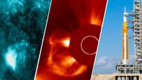 three panel image from left to right showing the x-flare the accompanying CME and the Artemis 2 moon rocket sitting ready on the launch pad.