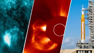 three panel image from left to right showing the x-flare the accompanying CME and the Artemis 2 moon rocket sitting ready on the launch pad.