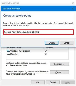 Create restore point before Windows 10 version 20H2 install