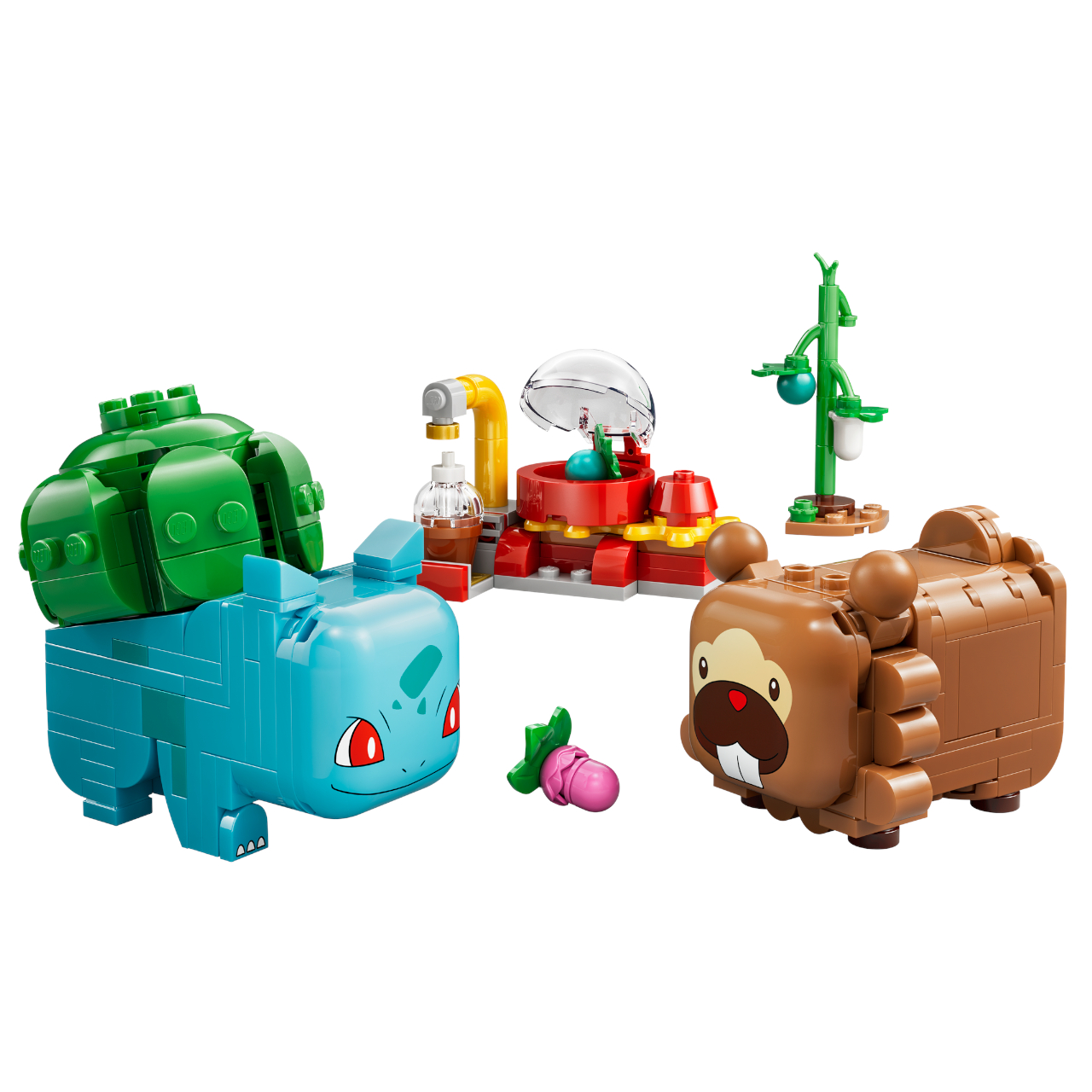 Lego Bulbasaur and Bidoof on a plain background