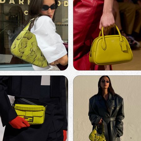 a collage of '90s handbags on the runway and style set 