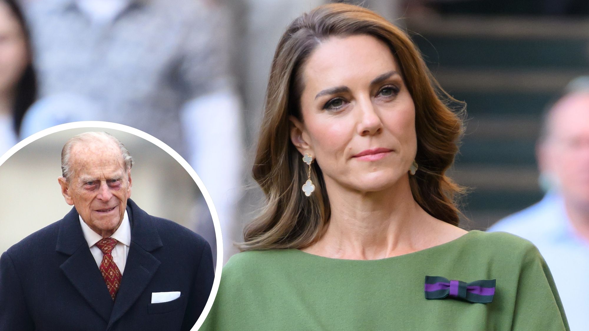 A roundel showing Prince Philip at the Ceremonial Welcome for the President of Colombia in 2016 and a picture of Kate Middleton at Wimbledon 2026